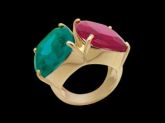 anel dois retangulos nas pedras turmalina paraiba e fucsia